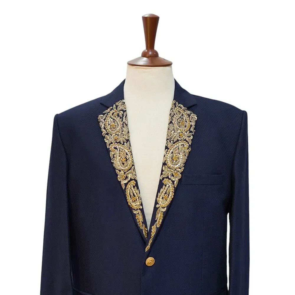 Mens 42R Navy Blue Wool Blazer Hand Embroidered Gold Paisley Tuxedo Suit Jacket